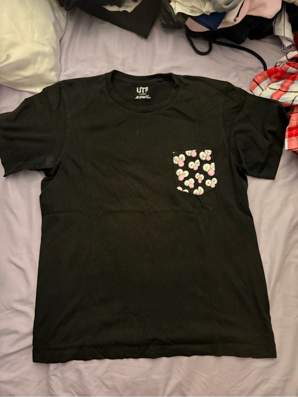 Uniqlo Black Short Sleeve Tee with Pink Floral Pocket